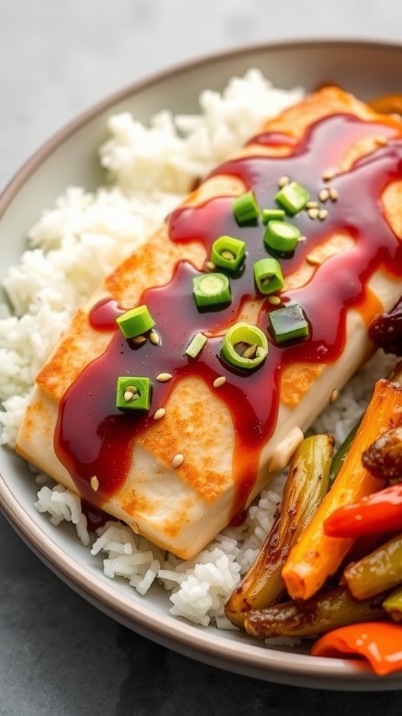 Sweet and Spicy Chili Glazed Tilapia Sweet chili glazed tilapia fillets garnished with green onions and sesame seeds, served with rice and vegetables.